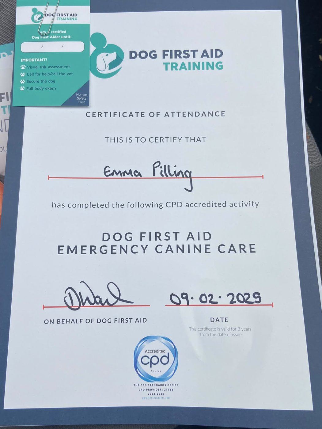 Dog First Aid and Emergency Canine Care certificate, CPD accredited